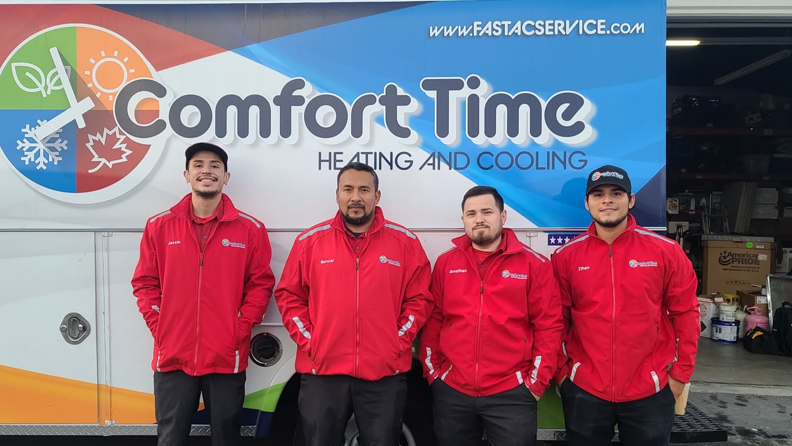 The Comfort Time team in red shirts in front of a company van